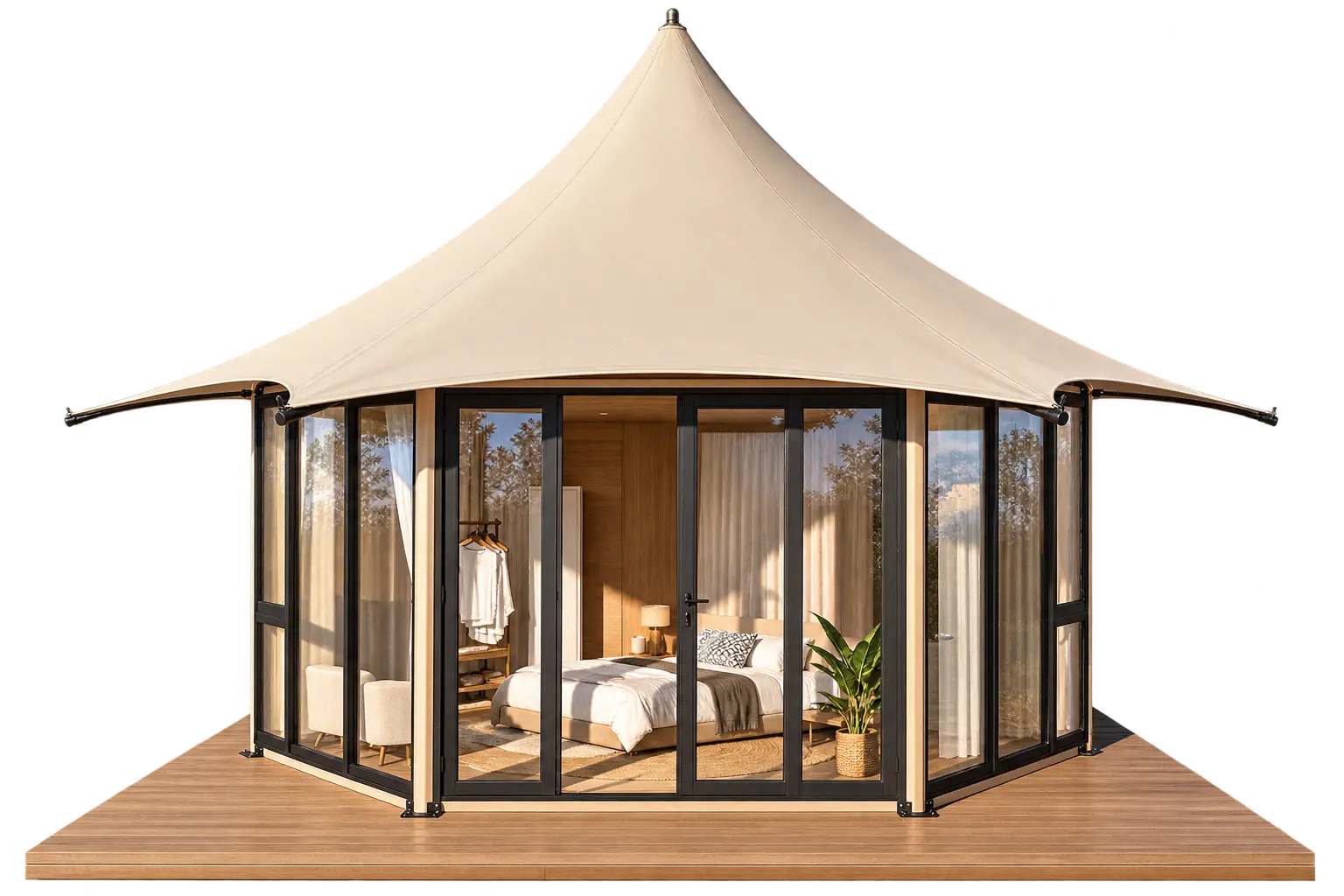 Front elevation of the hexagonal suite, showing the peaked membrane roof, the full-height glazing and the timber deck, with the bedroom visible through the glass
